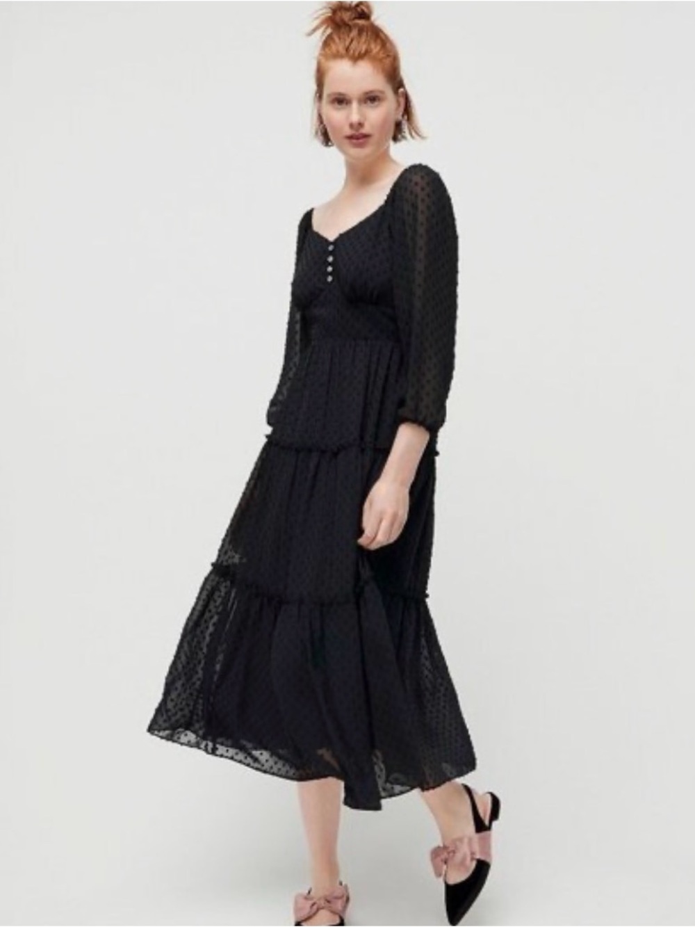 J Crew Tiered Long-sleeve Midi Dress Swiss Dot Black Size 6 NWT whimsigoth
